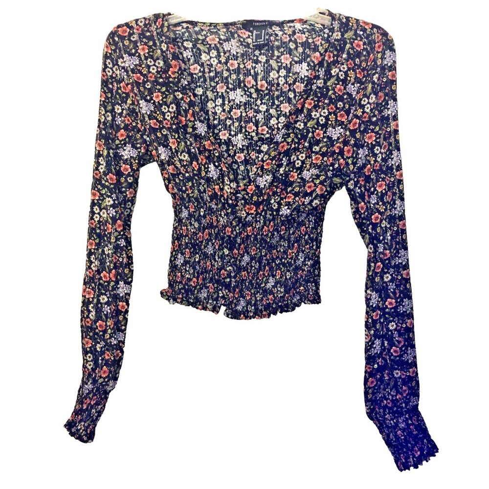 Forever 21 Floral Crop Blouse M Shirred  Peasant Prairie Hippie Boho Black Pink
